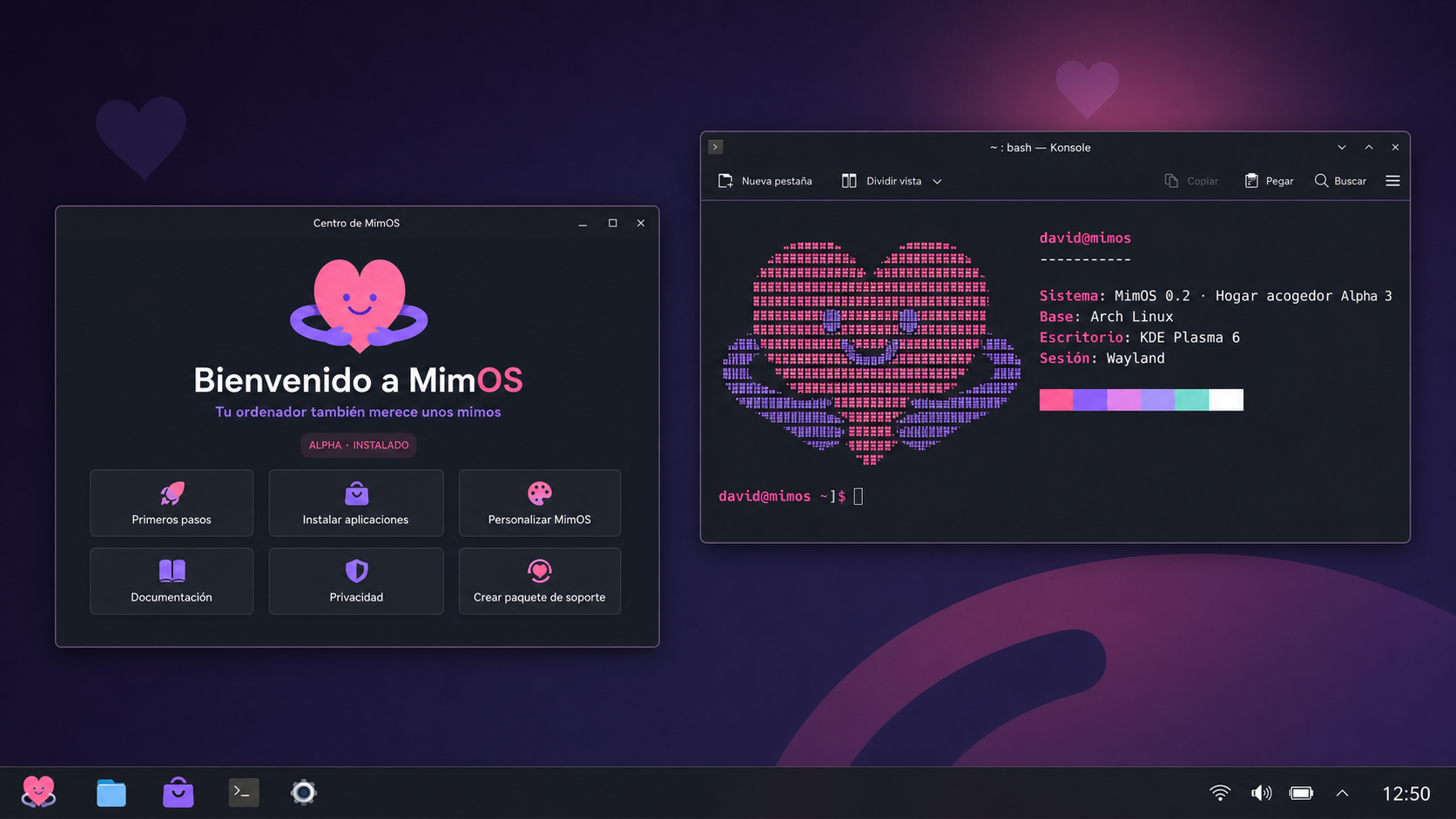 Concepto promocional de MimOS con Centro de MimOS y Fastfetch en Konsole
