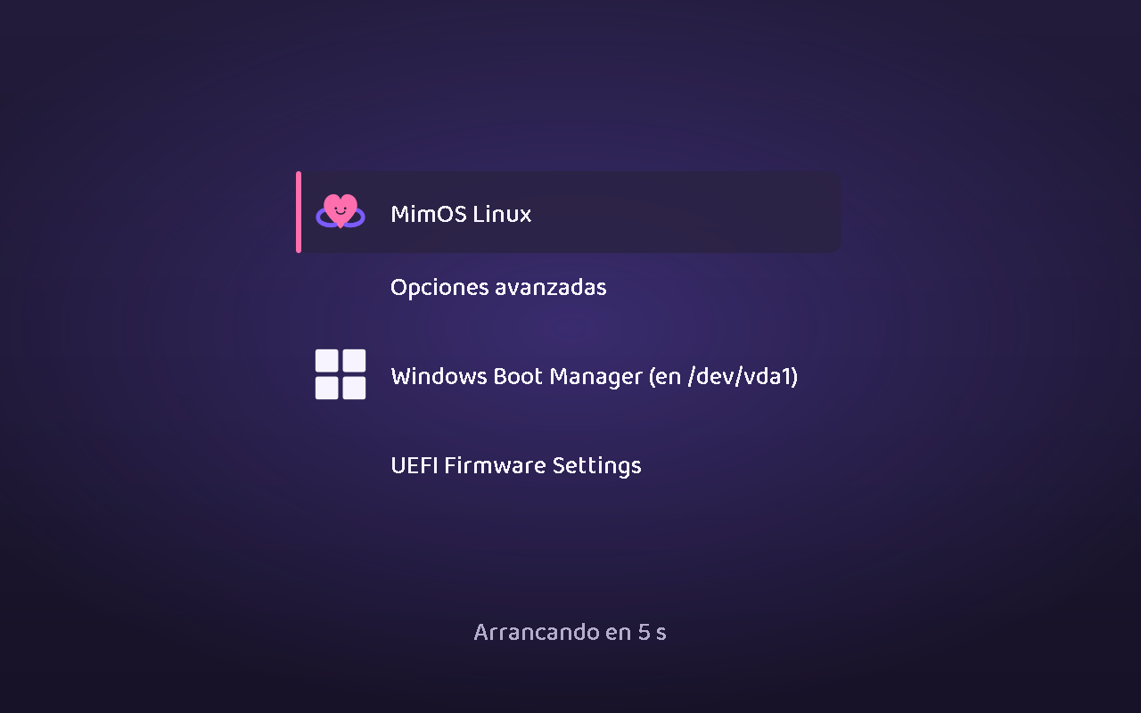 El menú de arranque de un MimOS instalado junto a Windows