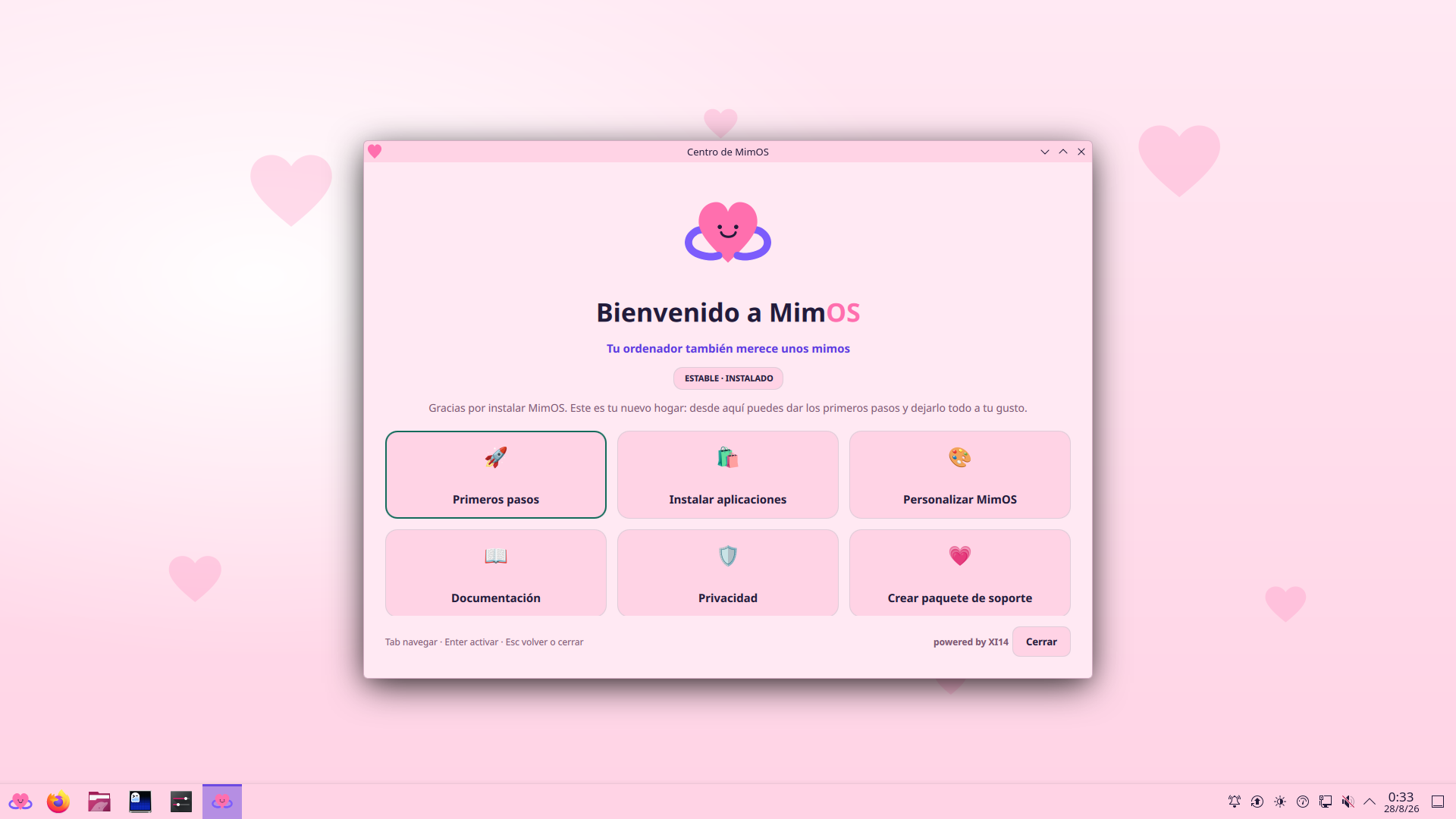 Centro de MimOS en el sistema instalado, con su panel de tarjetas