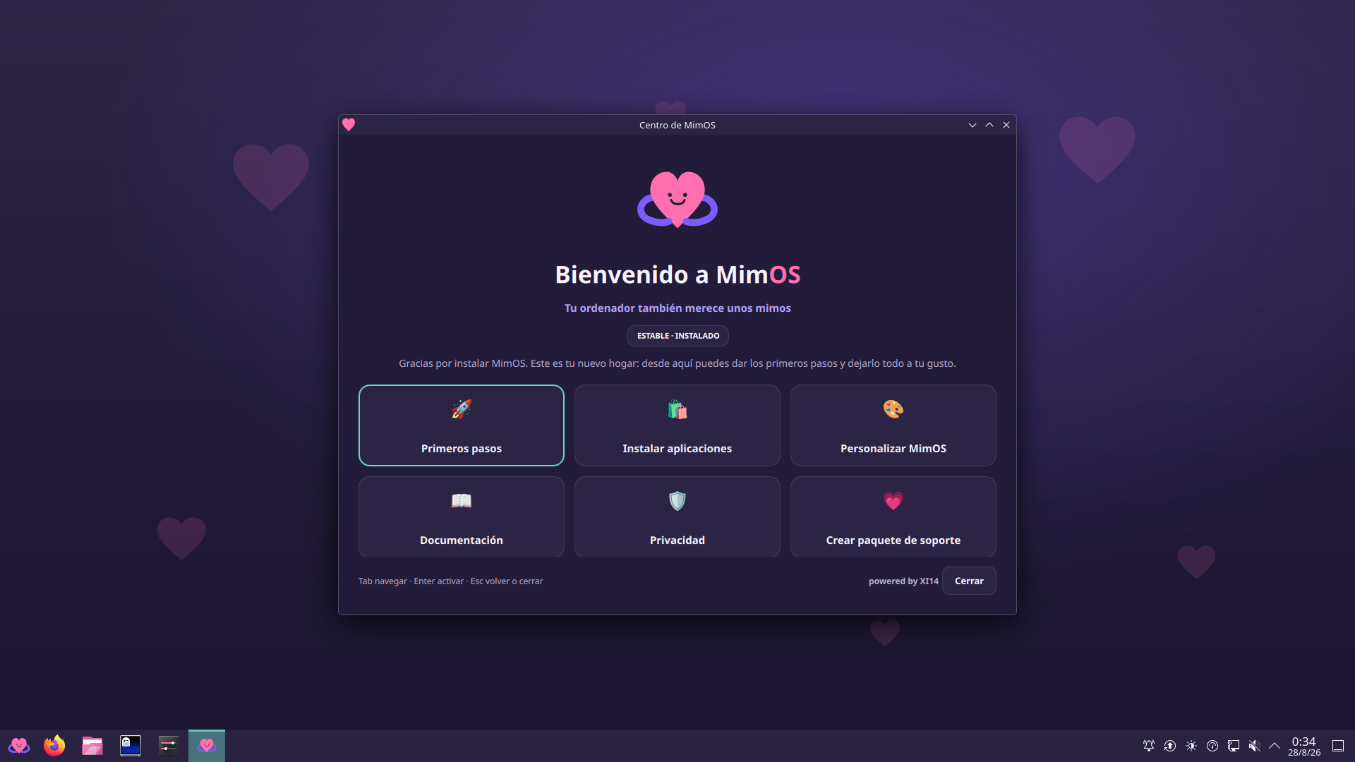 Centro de MimOS en el sistema instalado, con su panel de tarjetas