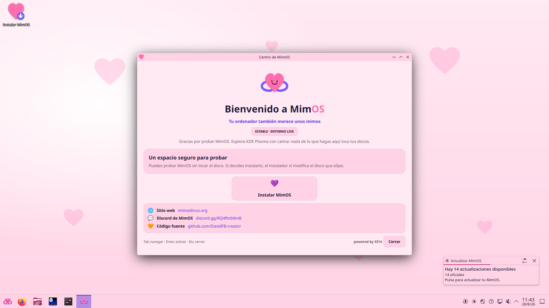 Escritorio Live de MimOS 1.0 con Centro de MimOS sobre el fondo Arrumaco