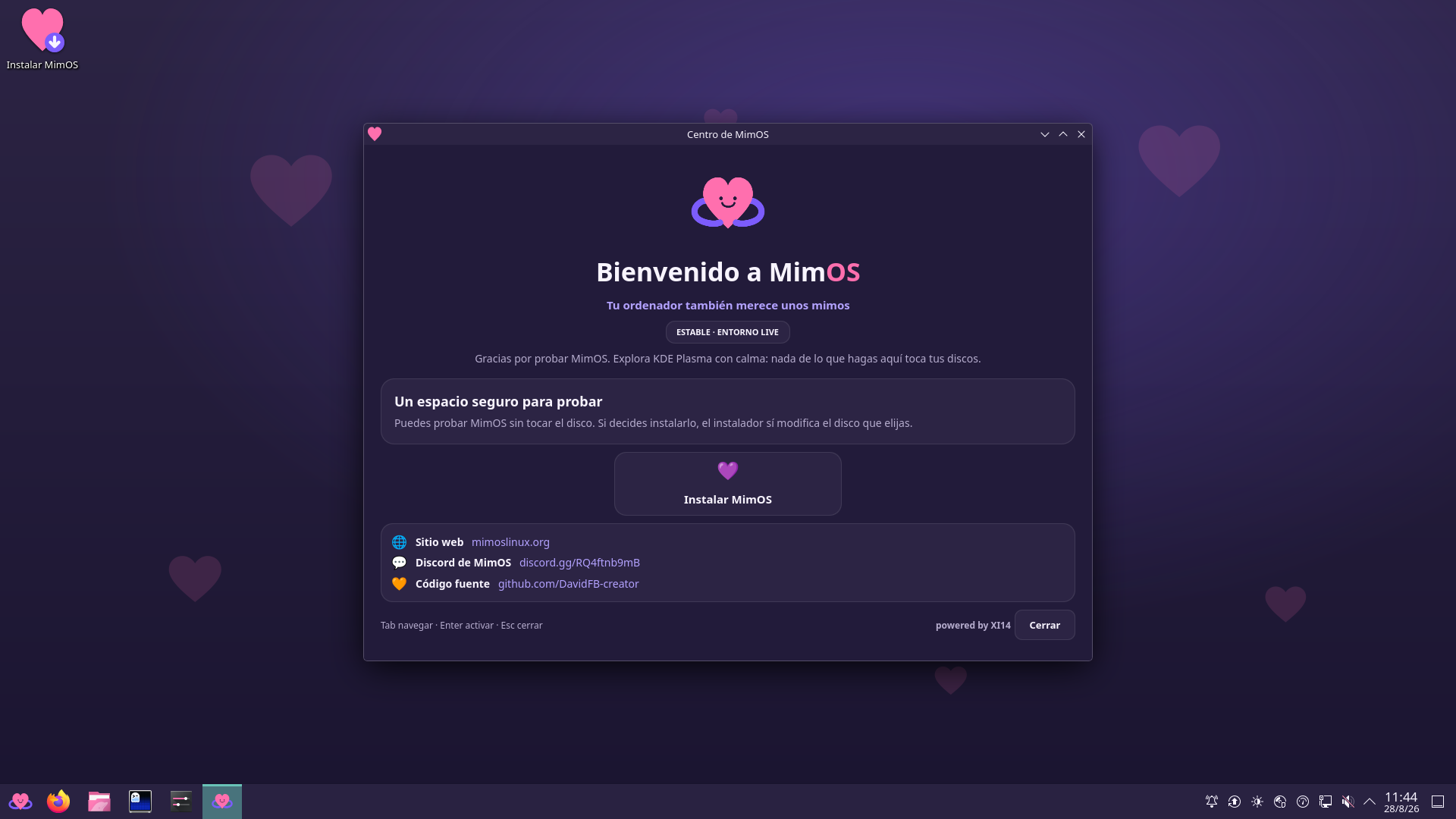 Escritorio Live de MimOS 1.0 con Centro de MimOS sobre el fondo Arrumaco