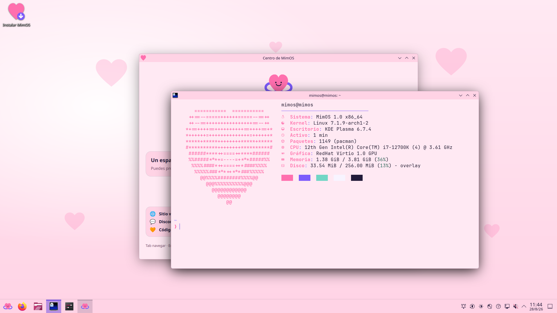 Escritorio Live de MimOS 1.0 con el saludo de Fastfetch en Ghostty sobre el terminal rosa, nombrando la versión y la gráfica