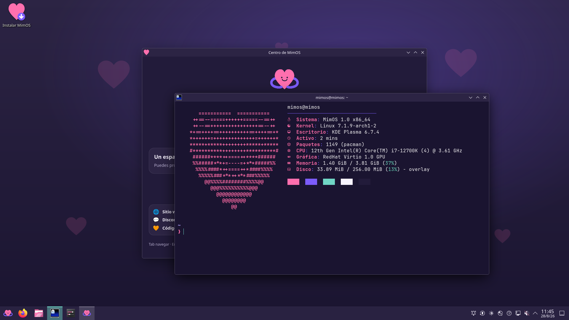 Escritorio Live de MimOS 1.0 con el saludo de Fastfetch en Ghostty sobre el terminal rosa, nombrando la versión y la gráfica