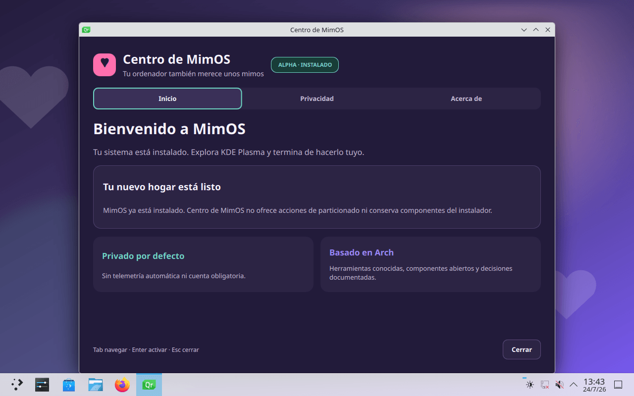 Centro de MimOS en el sistema instalado durante la validación interna post-Alpha 3